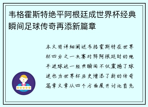 韦格霍斯特绝平阿根廷成世界杯经典瞬间足球传奇再添新篇章